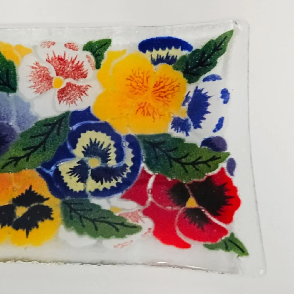 Vintage Peggy Karr Pansies Fused Art Glass Rectangular Tray | 1990s Trinket Dish
